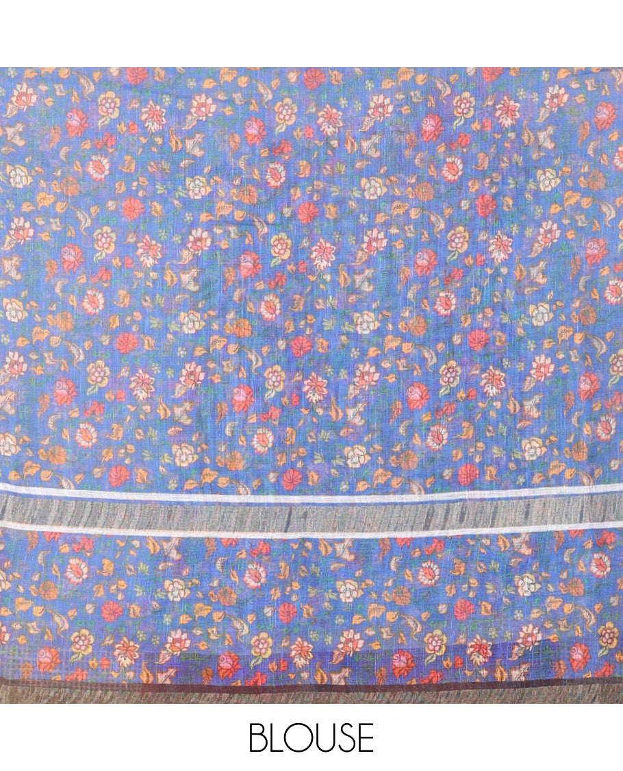 Black Linen Saree Adorned with Leaf Motifs All Over Its Body, Complemented by a Contrast Floral Vine Printed Border, Pallu Mirrors the Floral Vine Print, and Paired with a Contrast Floral Printed Blouse