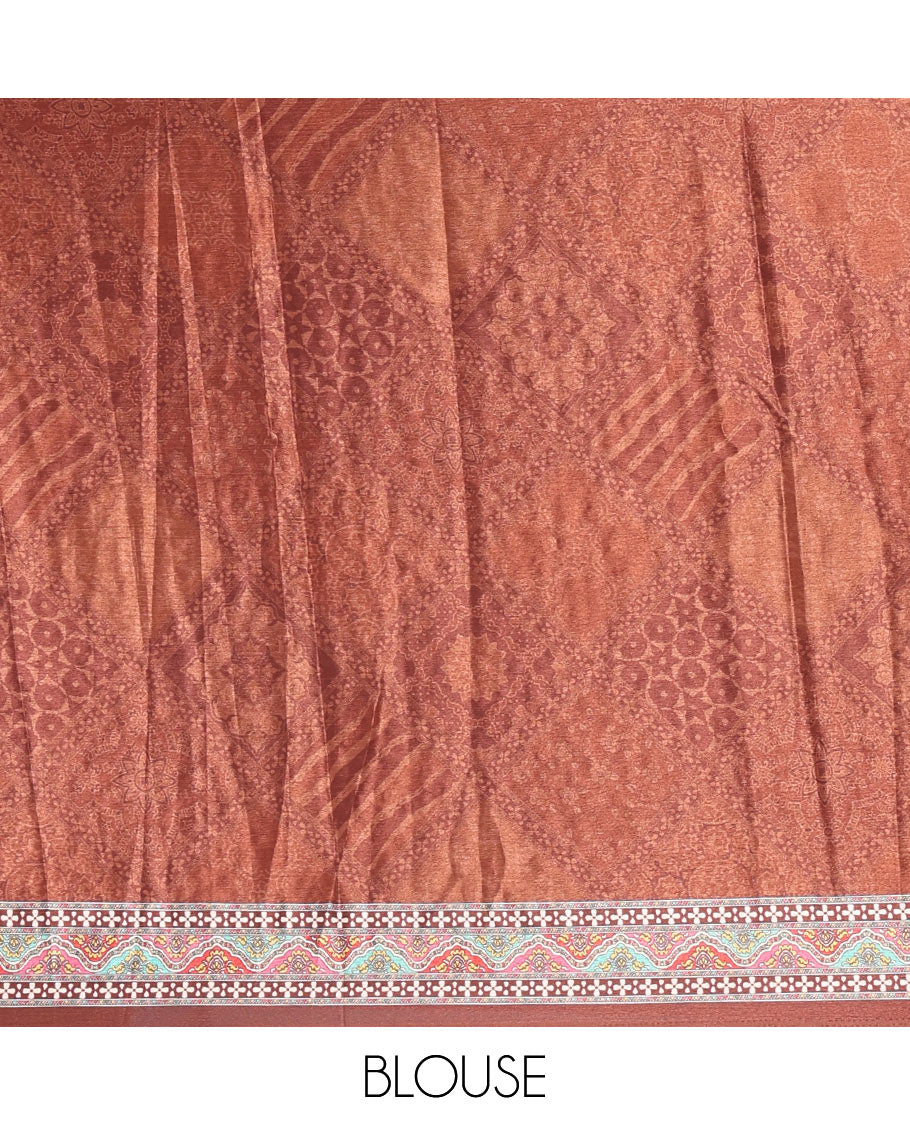 Brown colorful patterns printed and mirror work masakali saree, printed border, printed pallu, and a matching blouse