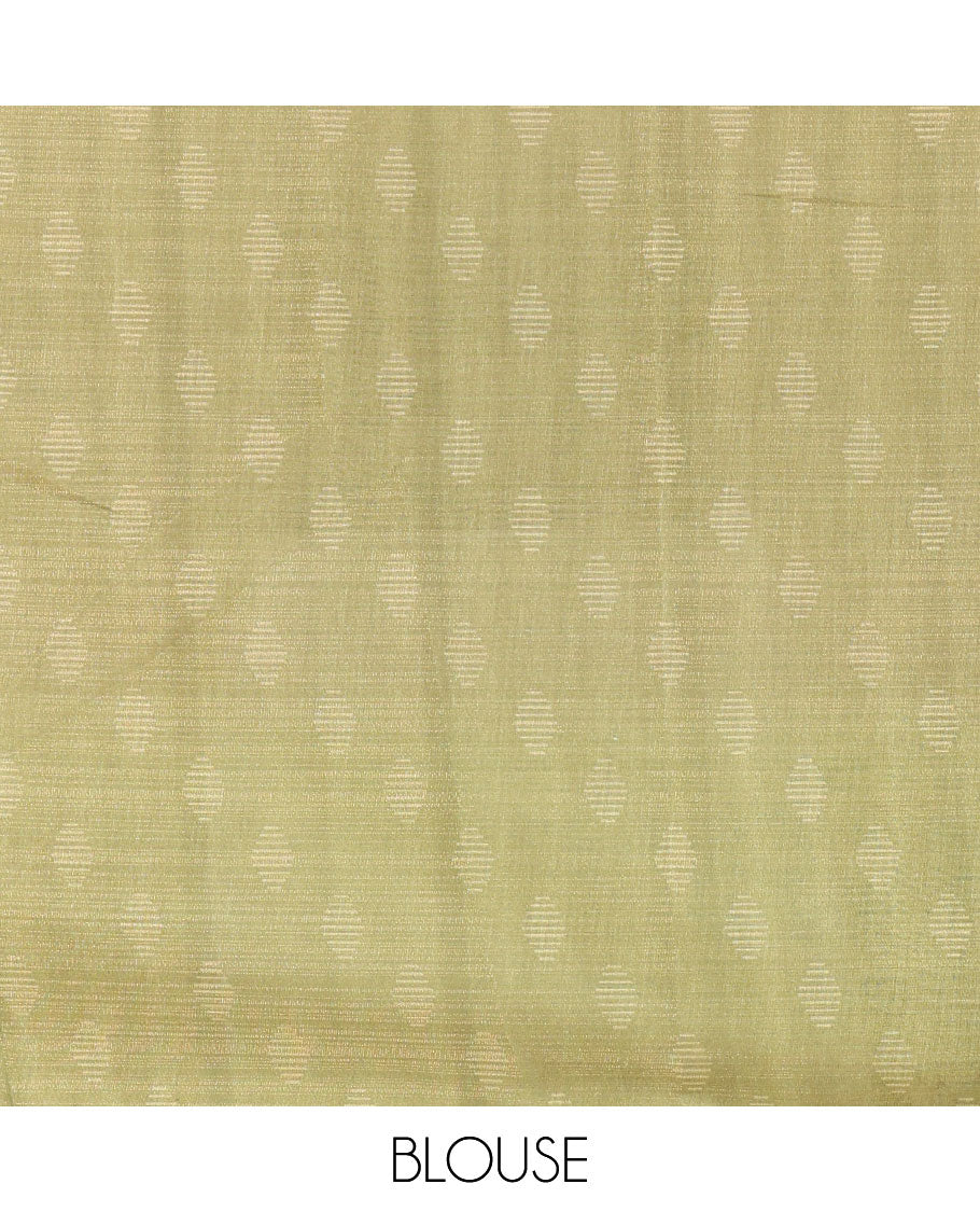 Brown and Olive Green Linen Saree Elegantly Printed with Geometric Patterns Across Its Body, Featuring a Captivating Contrast Border, Pallu Decked Up with Geometric Print, and Paired with a Contrast Blouse