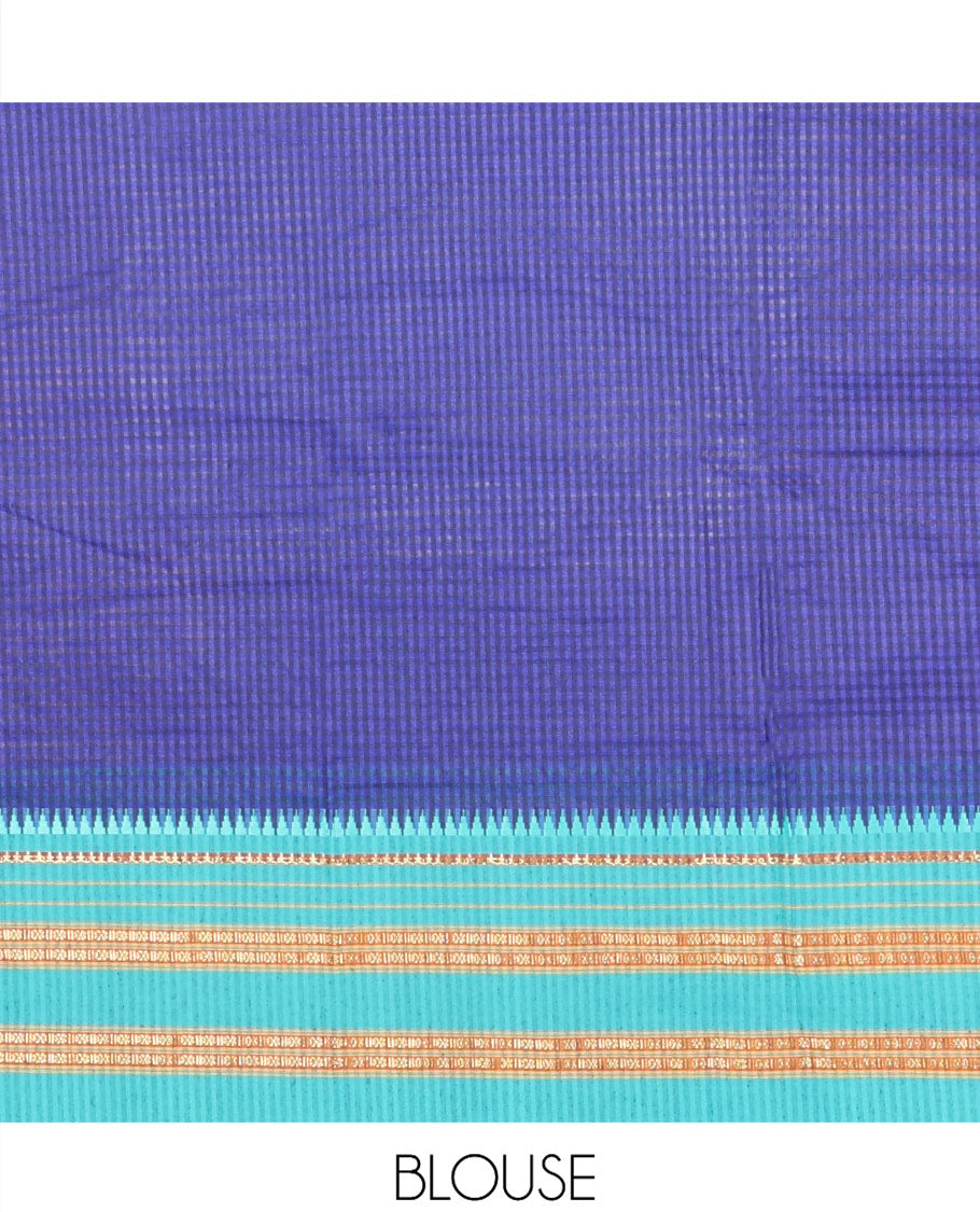 Blue Checked Mercerised Cotton Saree, a Contrast Temple Traditional Border, Striped Pallu, and a Contrast Blouse