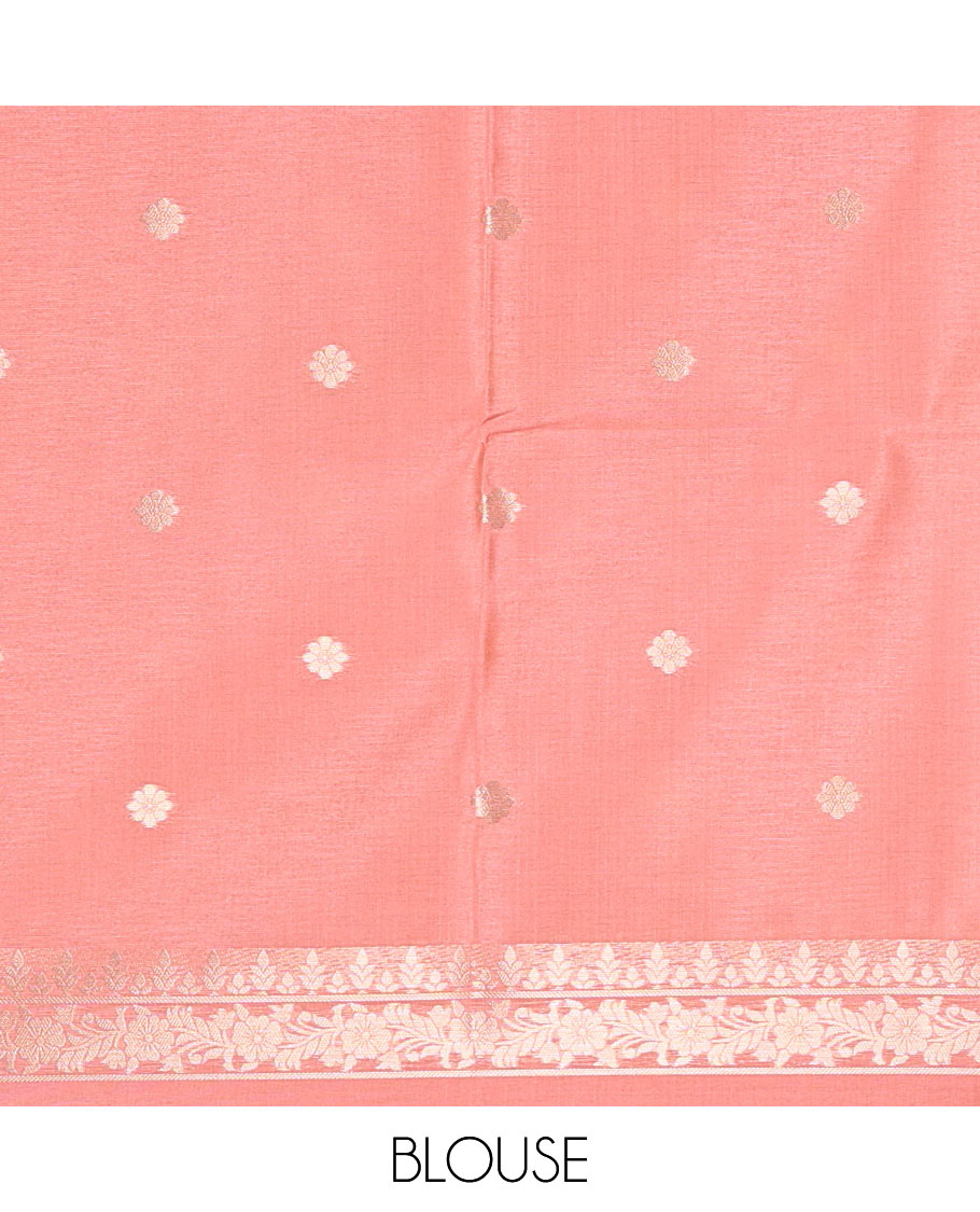 Borderless peach geometric checks, and floral motifs fancy tussar saree, contrast traditional zari woven pallu, and a contrast zari design blouse