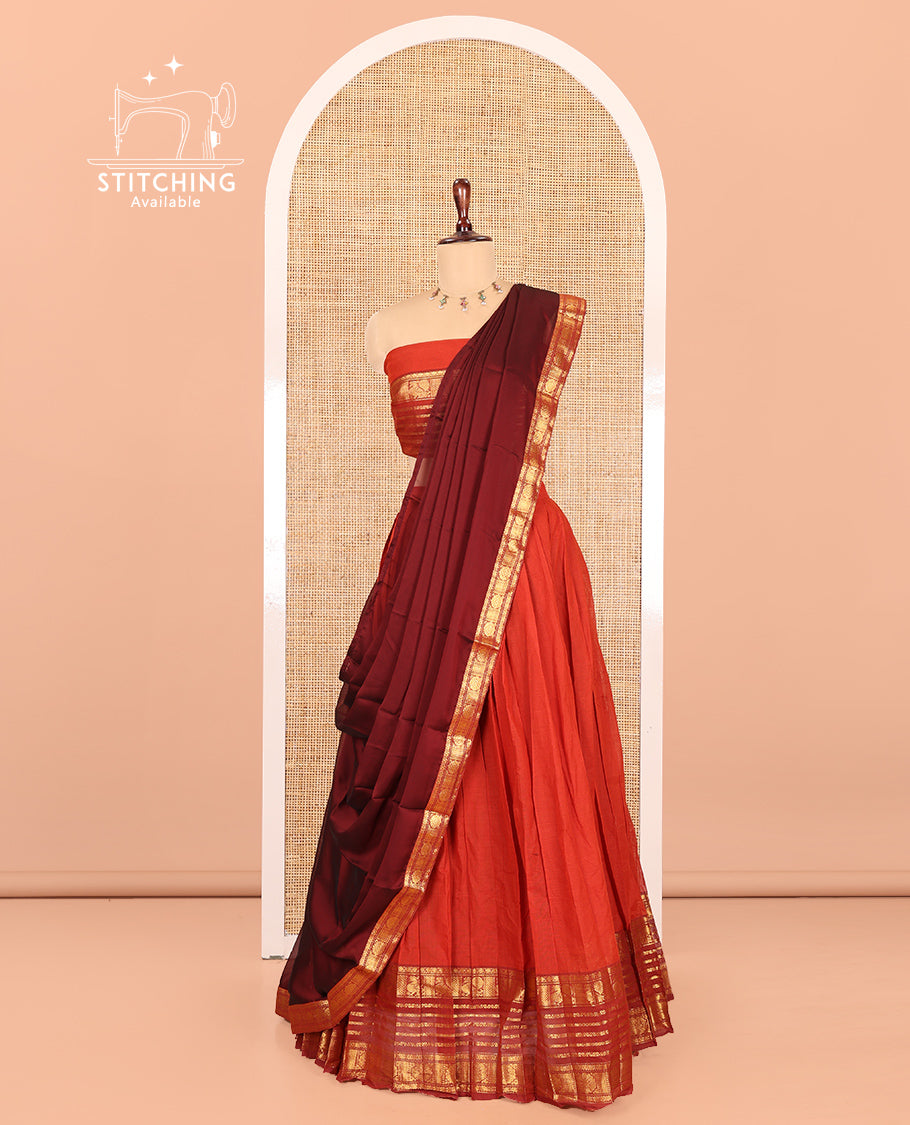 Rust-Maroon Chettinad Cotton Half-Saree, Plain Contrast Traditional Zari Bordered Skirt, Matching Blouse, and a Contrast Dhavani