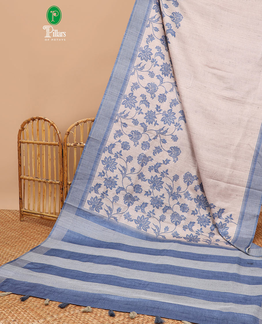 Cream floral design semi tussar saree with viscose sitch border & viscose pallu along with viscose, lining blouse