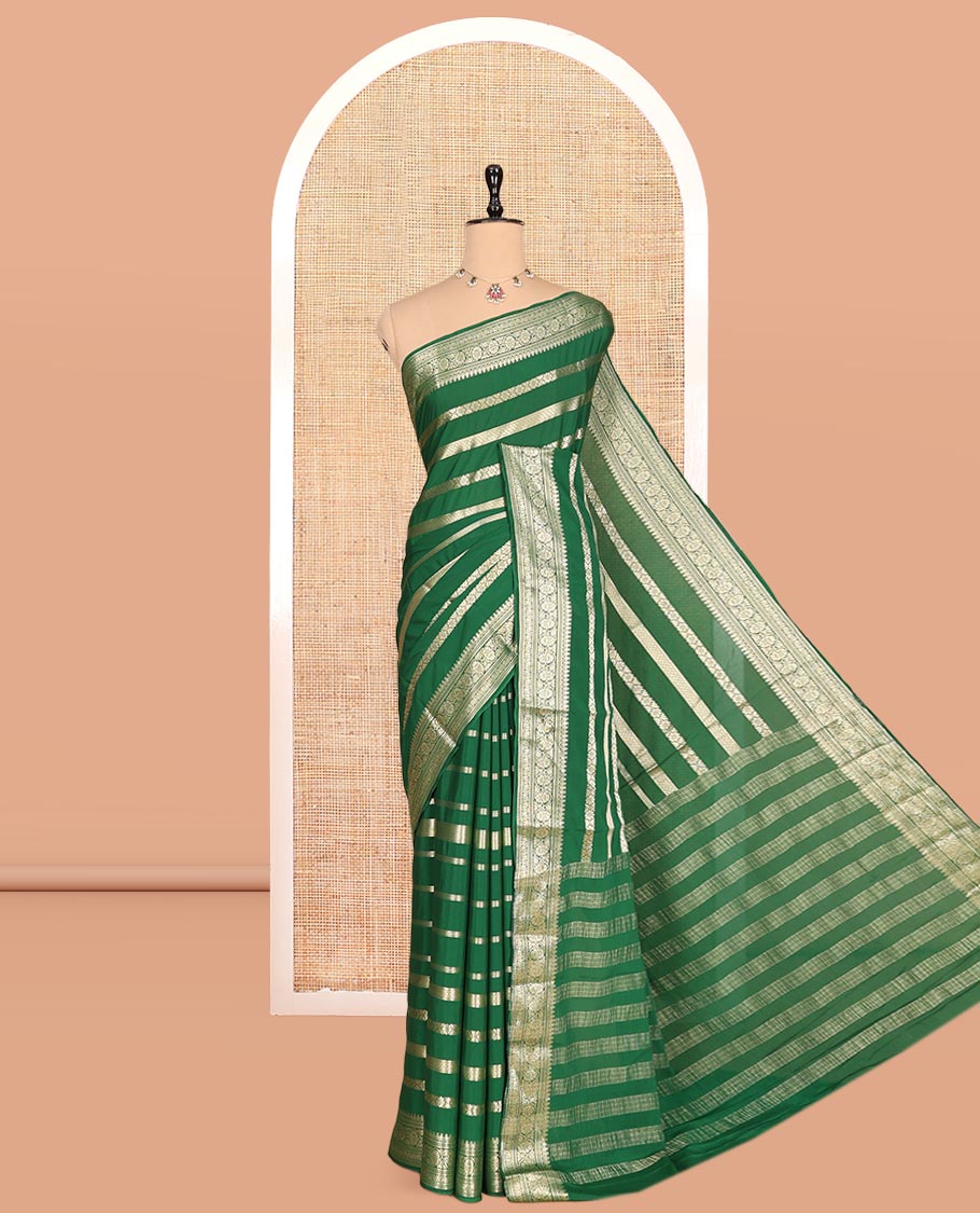 Bottle Green Zari Design Mysore Silk Saree, a Traditional Zari Border, Zari Striped Pallu, and a Matching Blouse