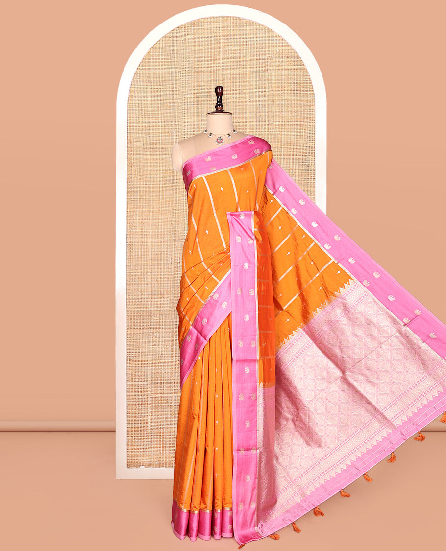Orange Satin Silk Saree, Artfully Detailed with Buttas and Stripes, Complemented by a Contrast Elephant Motif Border, Grand Jaal Pallu, and a Contrast Blouse