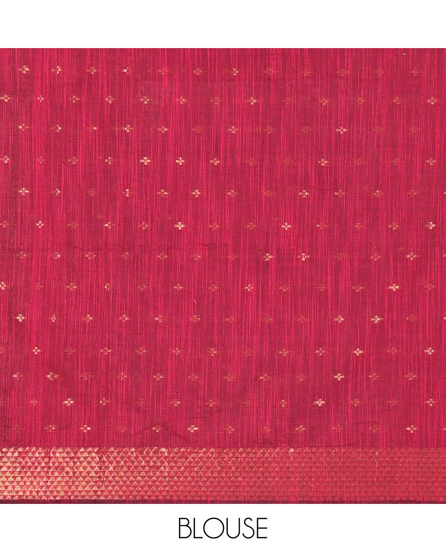 Purple Khadi Mul Cotton Saree Beautified with Plus-Shaped Zari Buttas Across Its Body, Featuring a Subtle Zari Border Adorned with Triangle Motifs, a Tissue Pallu, and Complemented by a Running Blouse