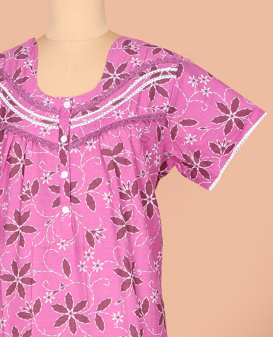 Pink Cotton Nighty Beautified with Floral Print, Featuring Lace Work, Round Front Neck, and Half Sleeves