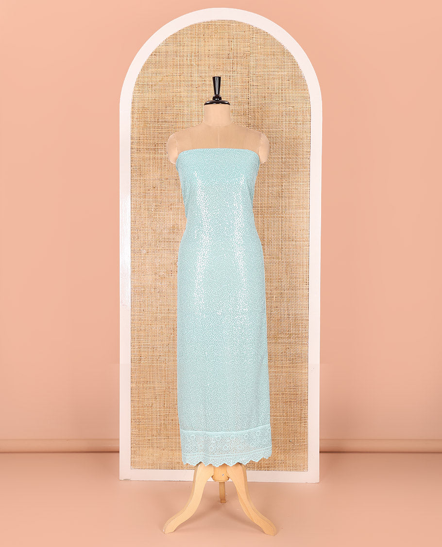 Blue Material Chudidar Set Features Sequin Embroidered Georgette Top, a Plain American Crepe Bottom, and a Scallop Dupatta Embellished with Floral Vine Embroidery