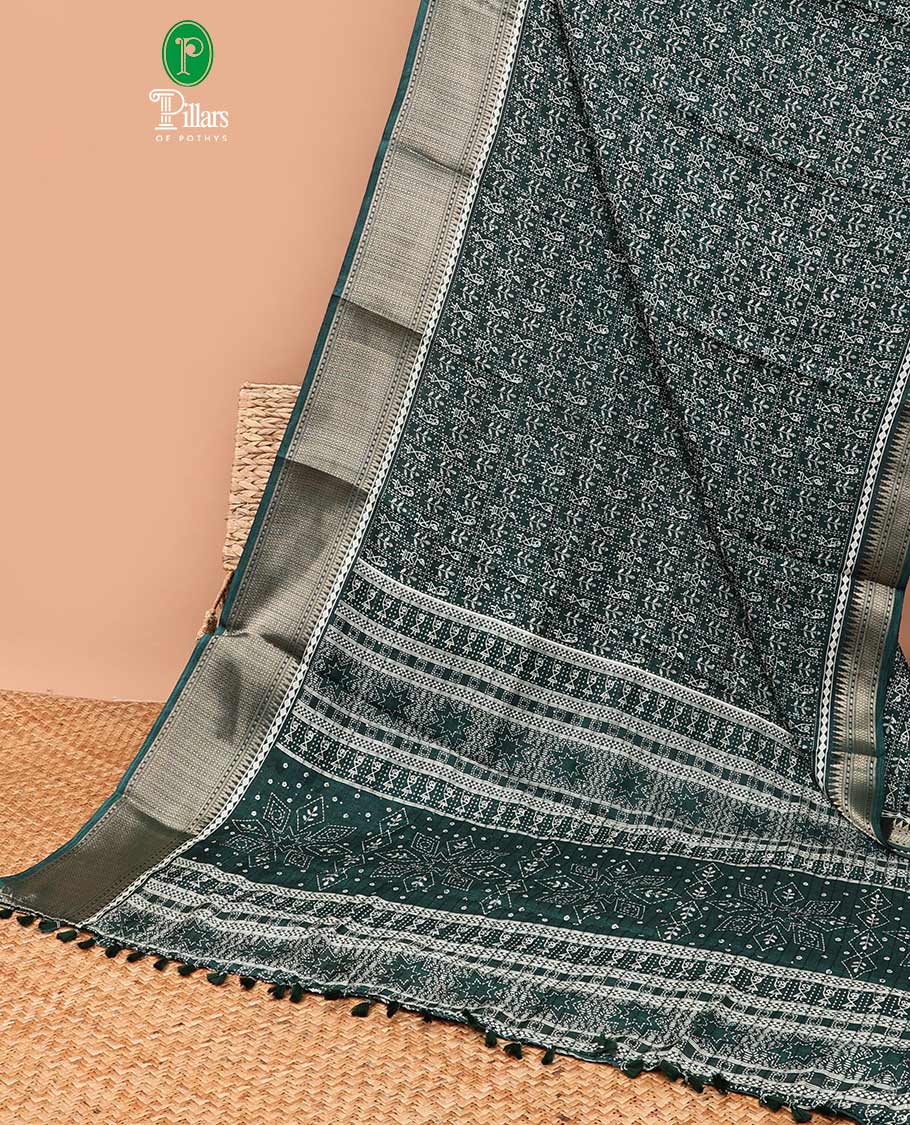 Olive green all-over vareli print, sequence line dola silk saree with contrast copper thread gatti border & small butti design print blouse