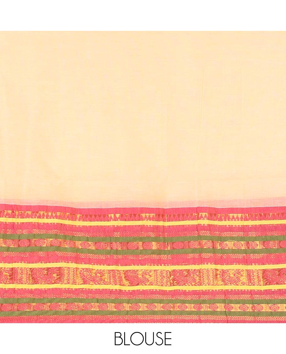 Sandal Plain Khadi Mul Cotton Saree, Contrast Zari Design Border, a Self-Pallu, and a Matching Blouse