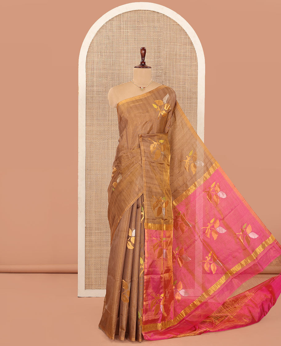 Borderless Brown Uppada Silk Saree Artfully Detailed with Leaf Zari Buttas, Complemented by Contrast Pallu Steeped with Leaf Zari Designs, and Paired with a Contrast Blouse