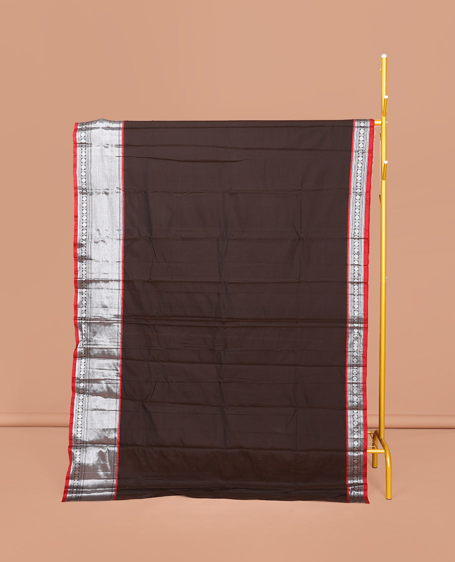 Brown Plain Narayanpet Cotton Saree, Complemented by a Contrast Traditional Zari Design Border, Striped Pallu, and Comes Without a Blouse