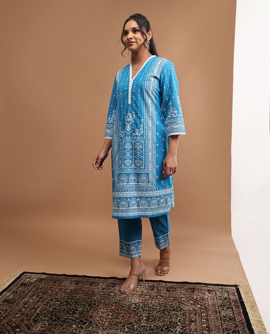 Blue floral design v neck, 3/4 th sleeve,below knee lenght top with straight pants & floral printed dupatta
