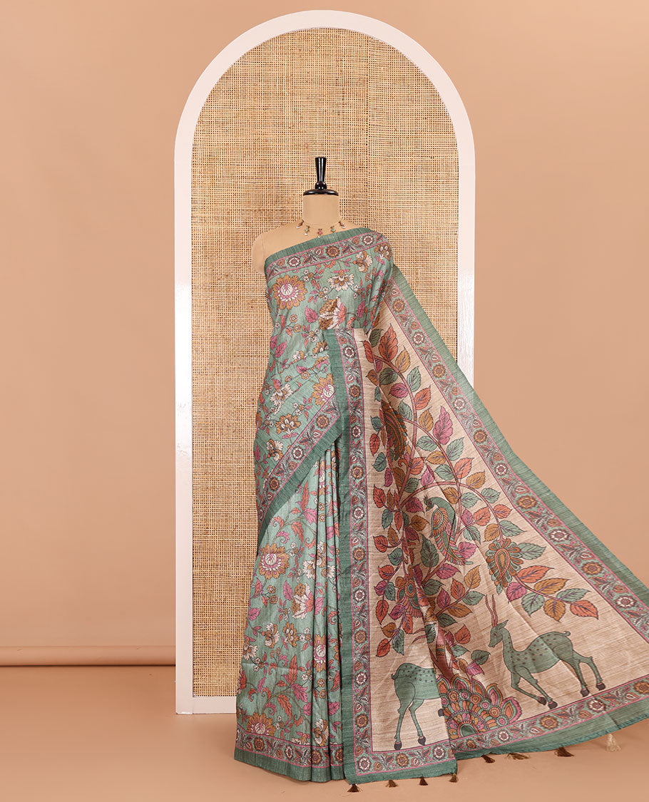 Green kalamkari floral vine printed fancy tussar saree, floral printed border, Tree of life printed pallu, and a matching blouse