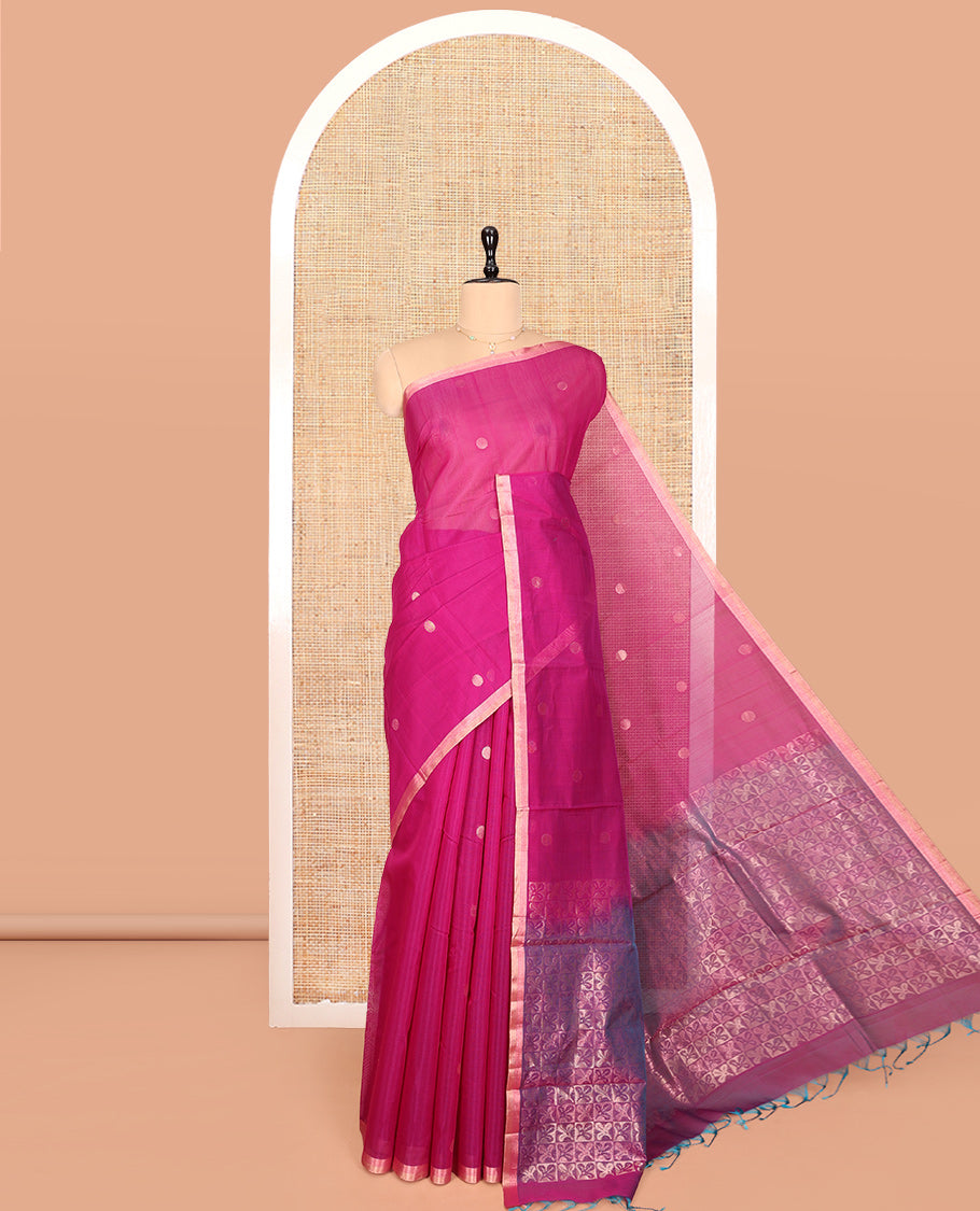 Pink Silk Cotton Saree, Woven with Polka-Dot Buttas, Highlighted by Zari Piping Border, Intricately Zari Woven Pallu, and a Matching Blouse