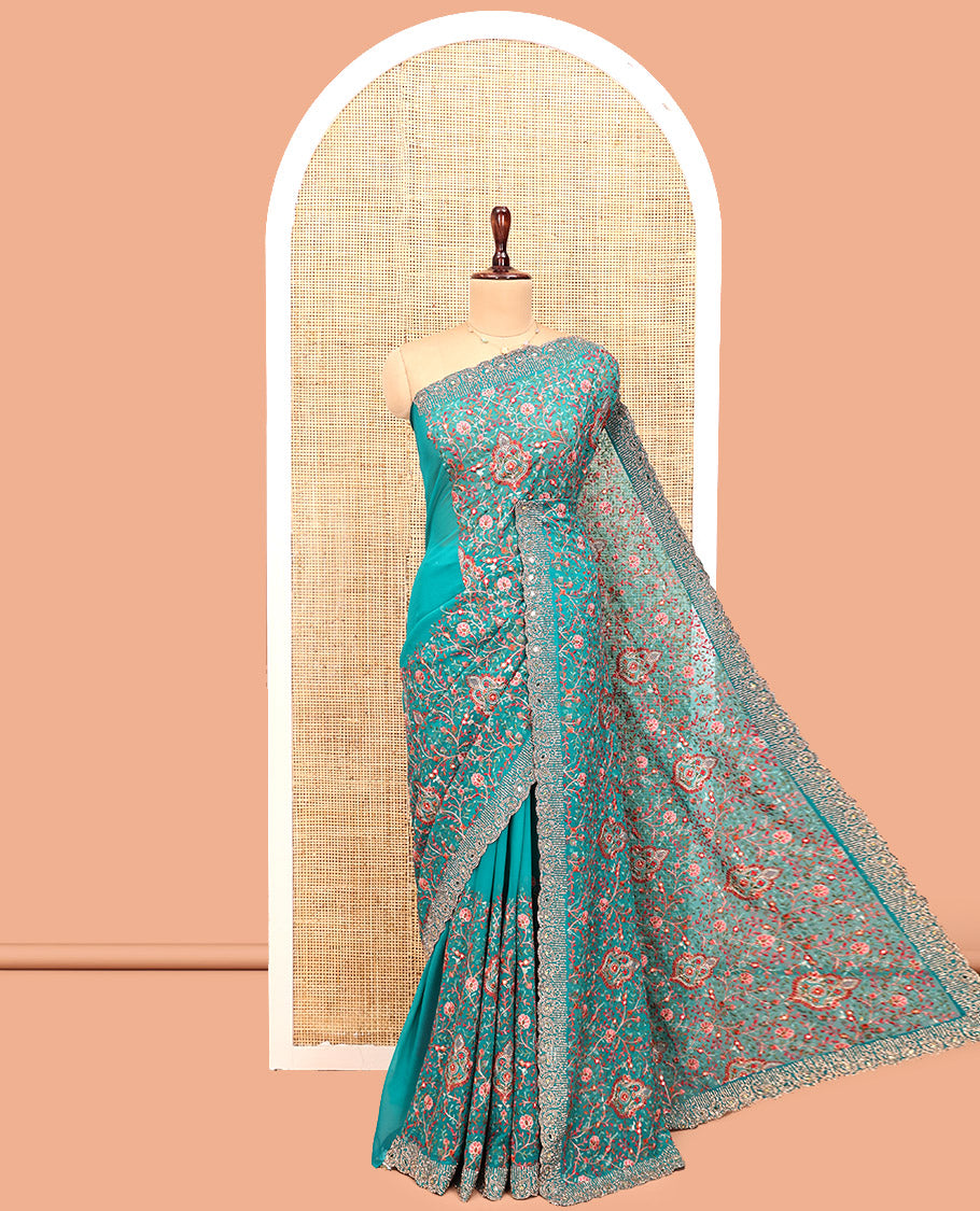 Blue Designer Saree, Prettified with Floral-Paisley Embroidery, a Scallop Stone Work Border, and a Matching Blouse
