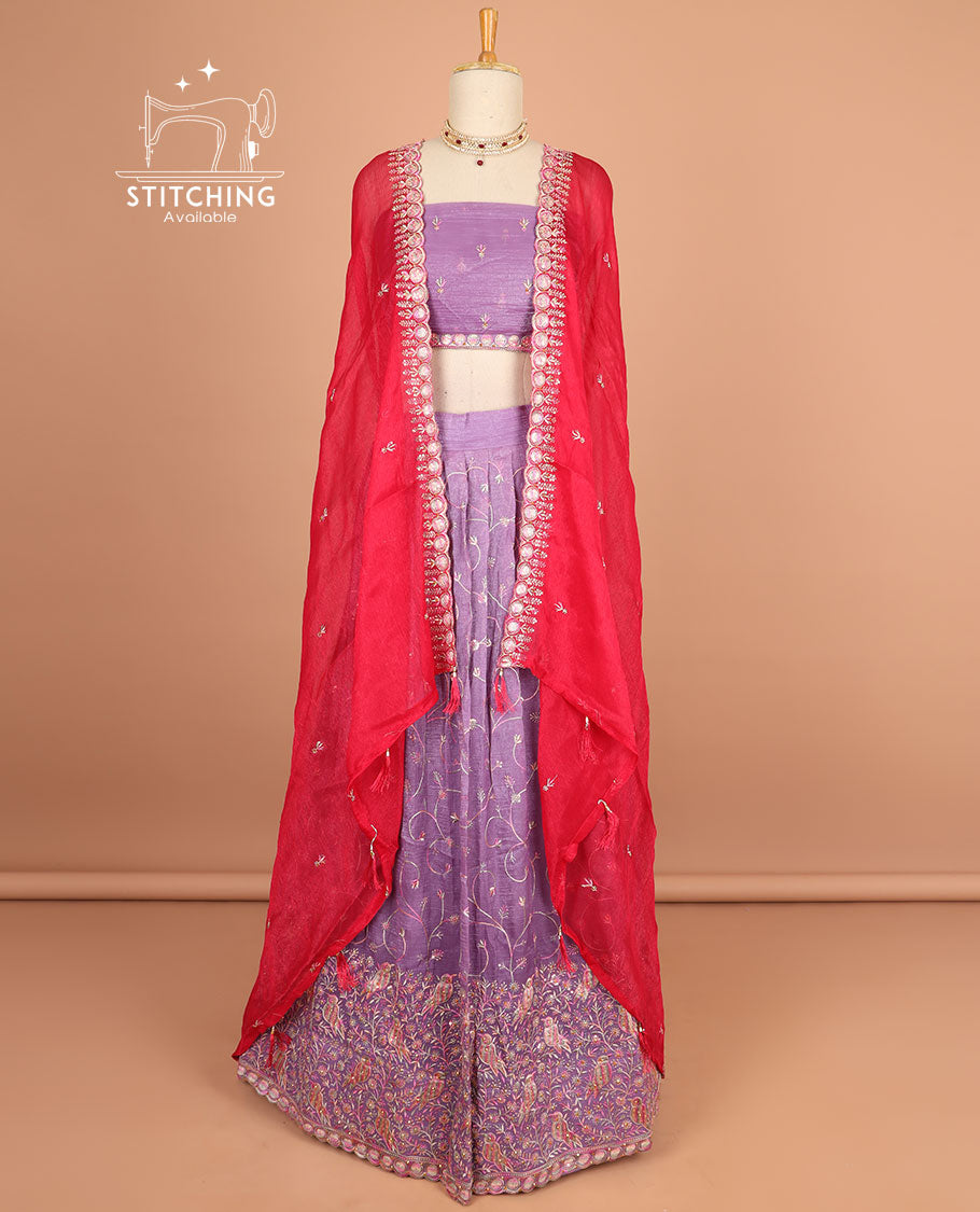 Lavender floral vine thread embroidery half saree with self floral embroidery border , floral motifs blouse & floral embroidery scallop border dhavani