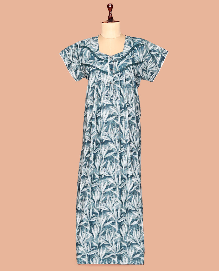Blue Hexagon Neck Cotton-Blended Nighty