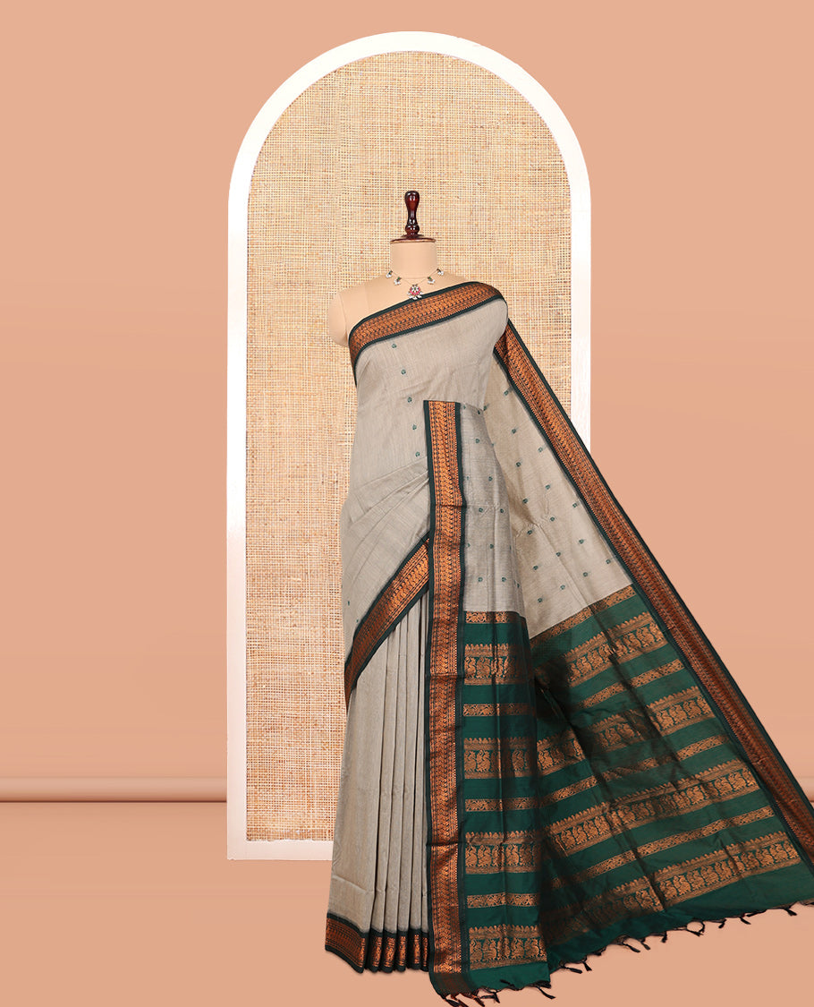 Grey Kalyani Cotton Saree, Subtly Woven with Thread Buttas, Complemented by a Contrast Traditional Border, Traditional Pallu, and a Contrast Blouse