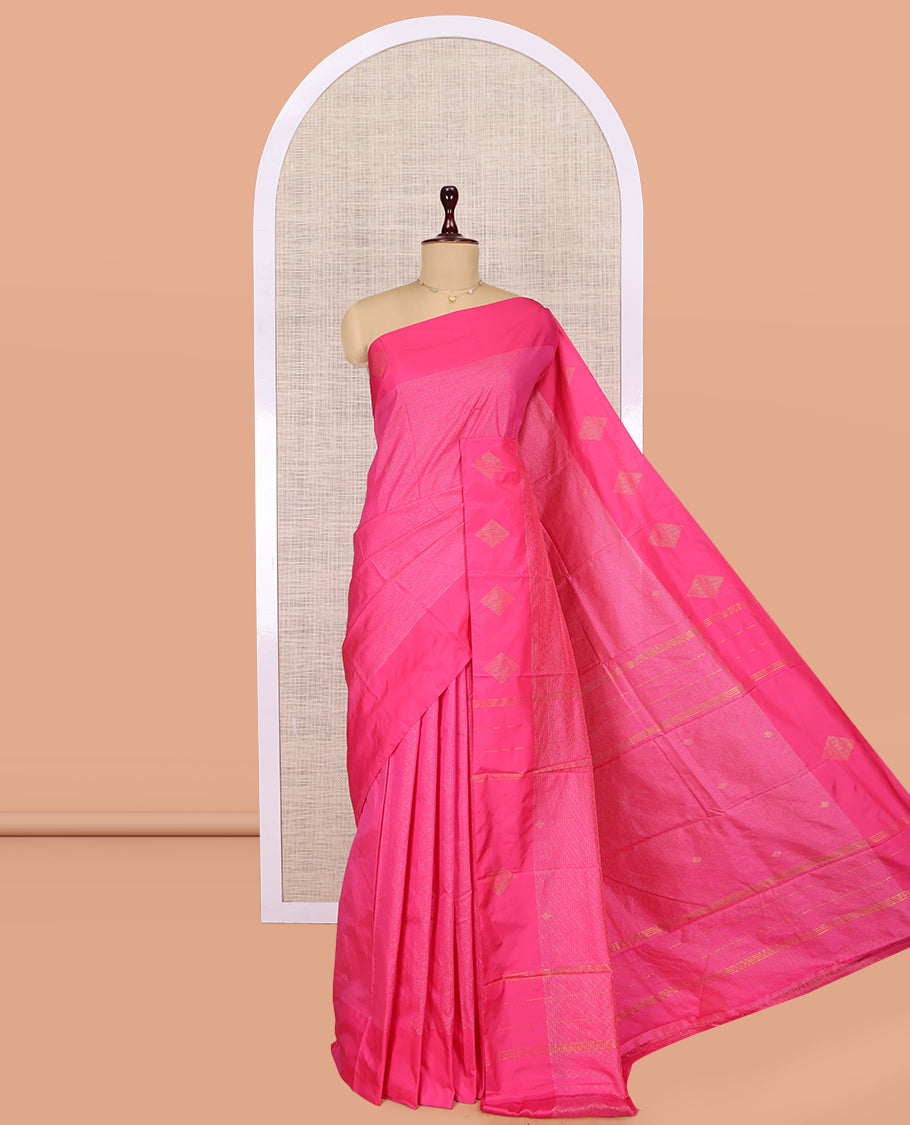 Pink Arani Saree, Features Zari Stripes, a Zari Motif Border, Pallu of Zari Design, and a Matching Blouse