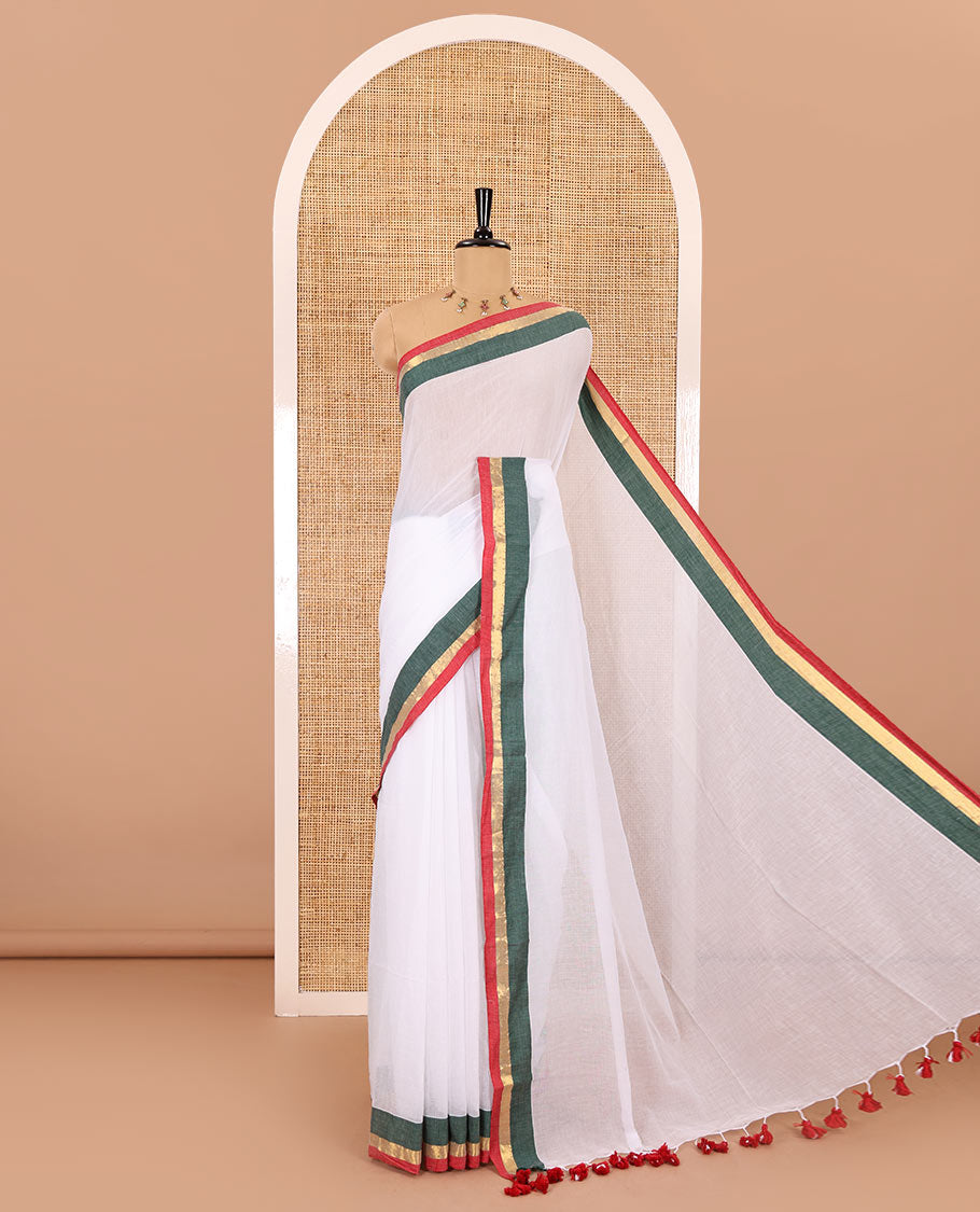 Half-white full-plain Khadi mul cotton saree, contrast red and green zari border, plain pallu, and a plain blouse