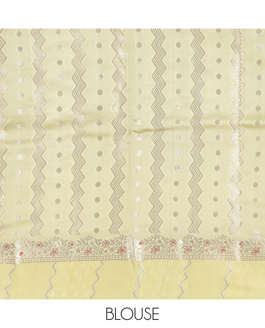 Mustard unblossomed flower-shape zari buttas raw mango silksaree,satin embossed border of meenakari zari floral vine & scallop jacquard pallu