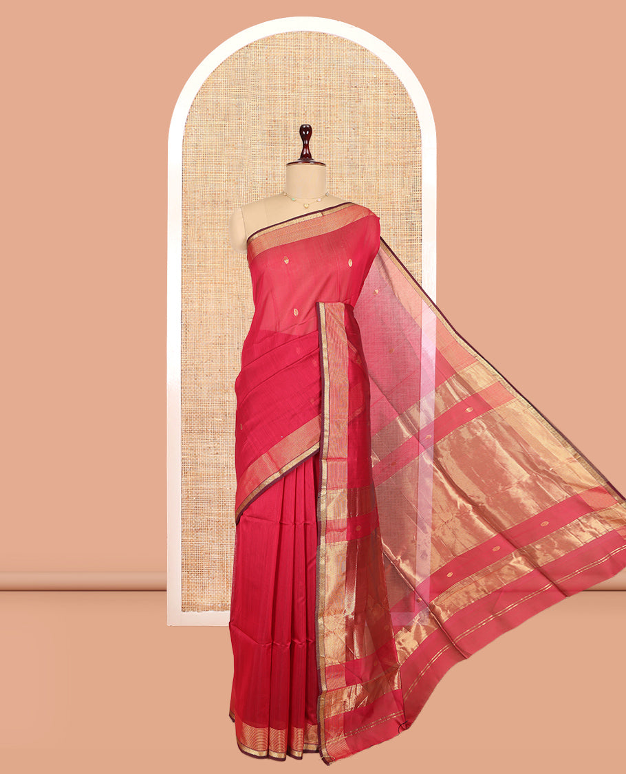 Red Maheshwari Cotton Saree, Decorated with Zari Buttas, a Traditional Zari Border, Zari Gleamed Up Pallu, and a Matching Blouse