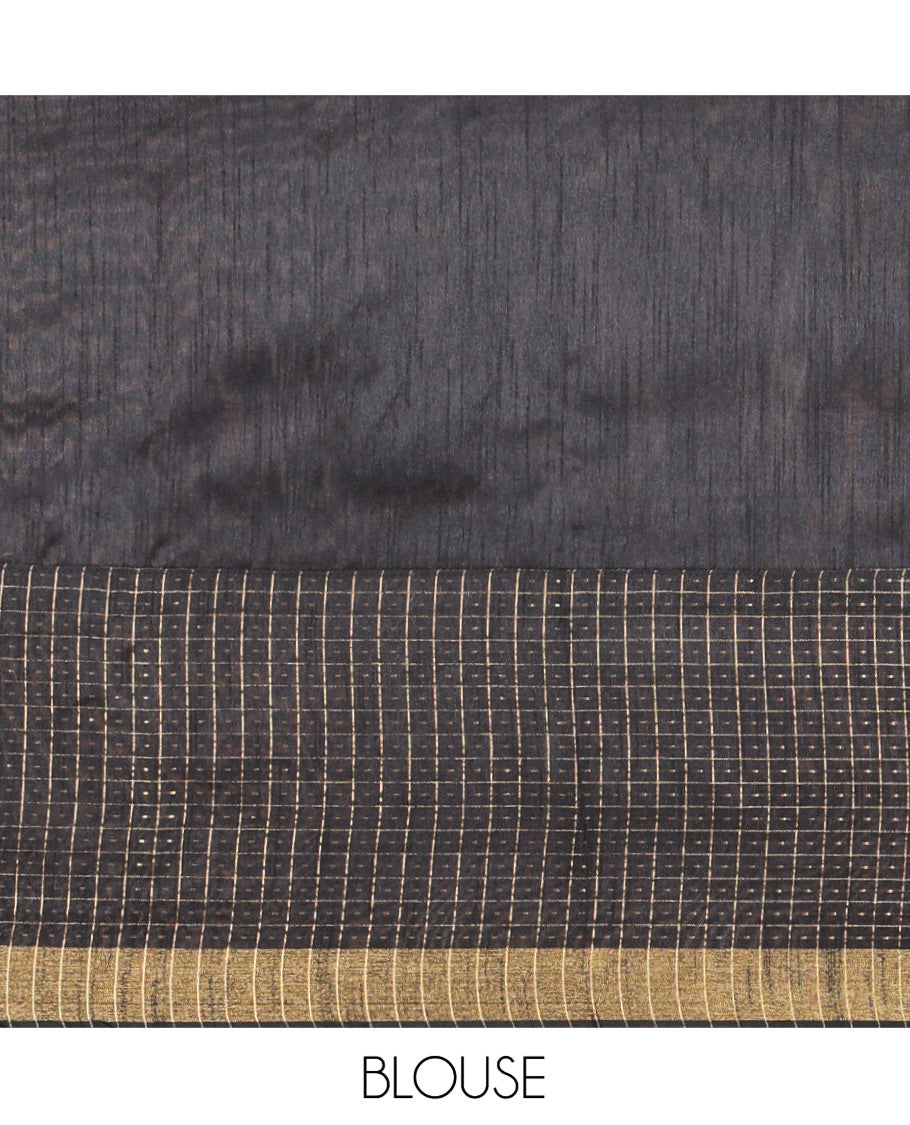 Chikku Semi-Raw Silk Saree, Delicately Woven with Zig-Zag Stripes All Over Its Body, Complemented by Contrast Border of Butta Enclosed Checks, Striped Pallu, and Paired with a Contrast Blouse