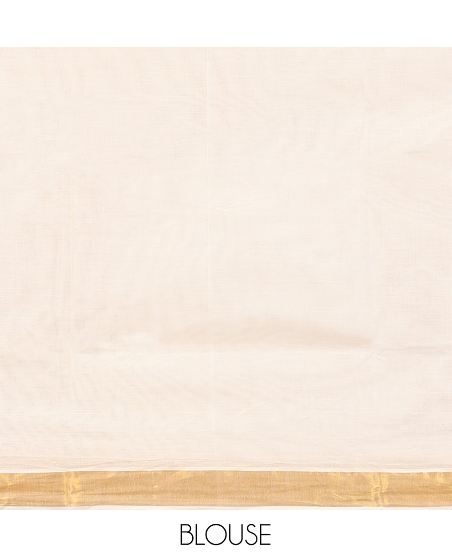 Cream Kerala Cotton Saree, Spotlighted with Zari Stripes All Over Its Body, a Subtle Bavanji Border, Pallu of Intricate Designs, and Is Paired with a Matching Blouse