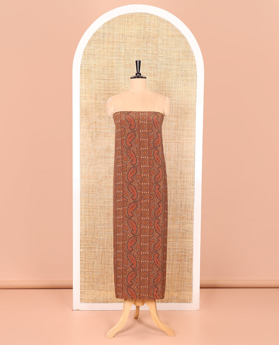 Light Mustard Material Chudidar Set Intricately Printed with Paisley Motifs on the Italian Crepe Top, Subtly Negative Printed Bottom, and Italian Crepe Dupatta of the Same Paisley Prints