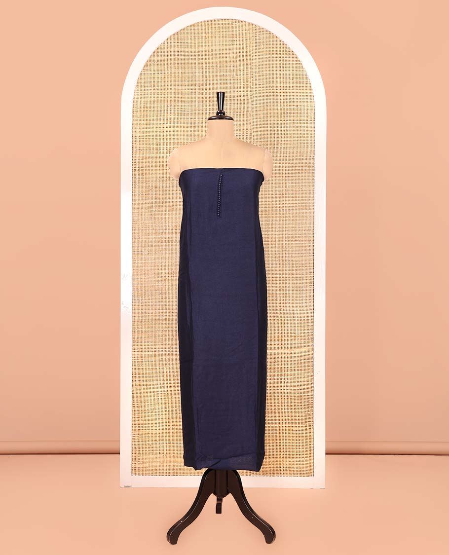 Navy Blue Material Chudidar Set, Subtly Woven with Pom-Pom Potli Neck Vichitra Silk Top, a Plain Santoon Bottom, Paired with Crushed Georgette Dupatta of Ajrakh Print and Mirror Work