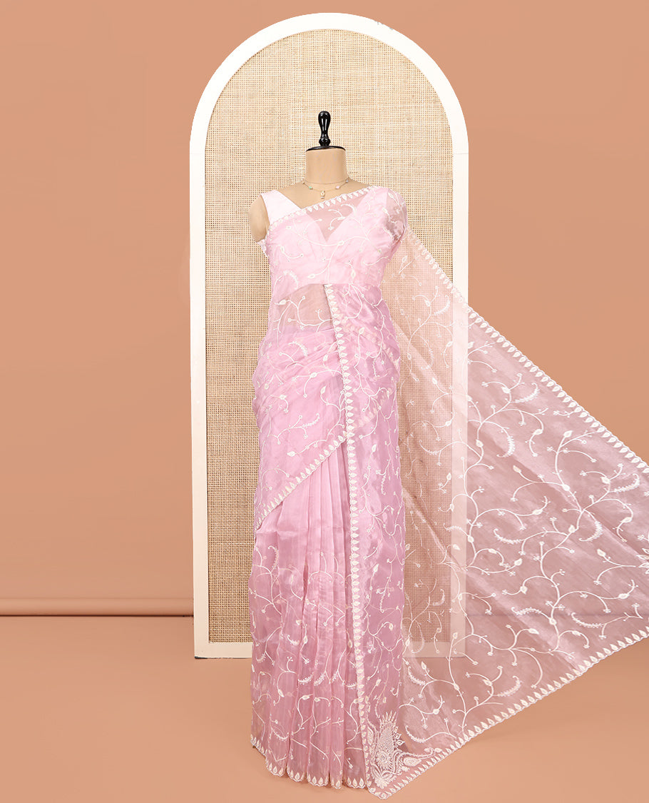 Pink Designer Saree, Mesmerized with Floral Vine Embroidery, Scallop Border, and Matching Embroidered Blouse