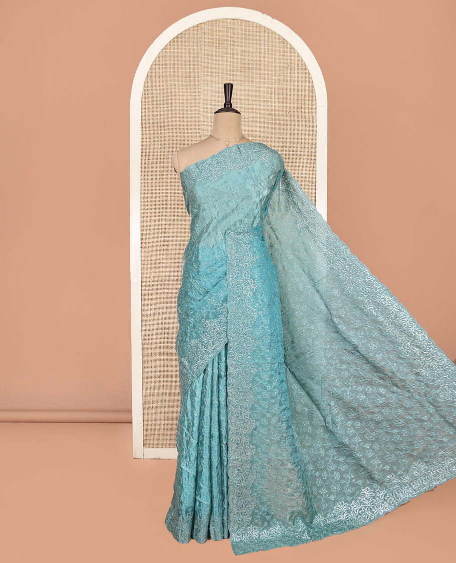 Blue Designer Saree, Mesmerized with Floral Vine Stone Work, Scallop Stone Work Border, a Self-Pallu, and a Matching Blouse