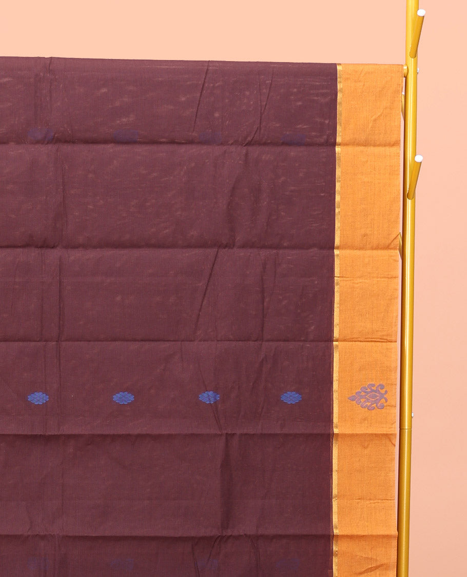 Brown Kanchi Cotton Saree, Woven with Buttas All Over Its Body, a Complemented by Contrast Border, Pallu of Intricate Designs, and Paired with a Matching Blouse