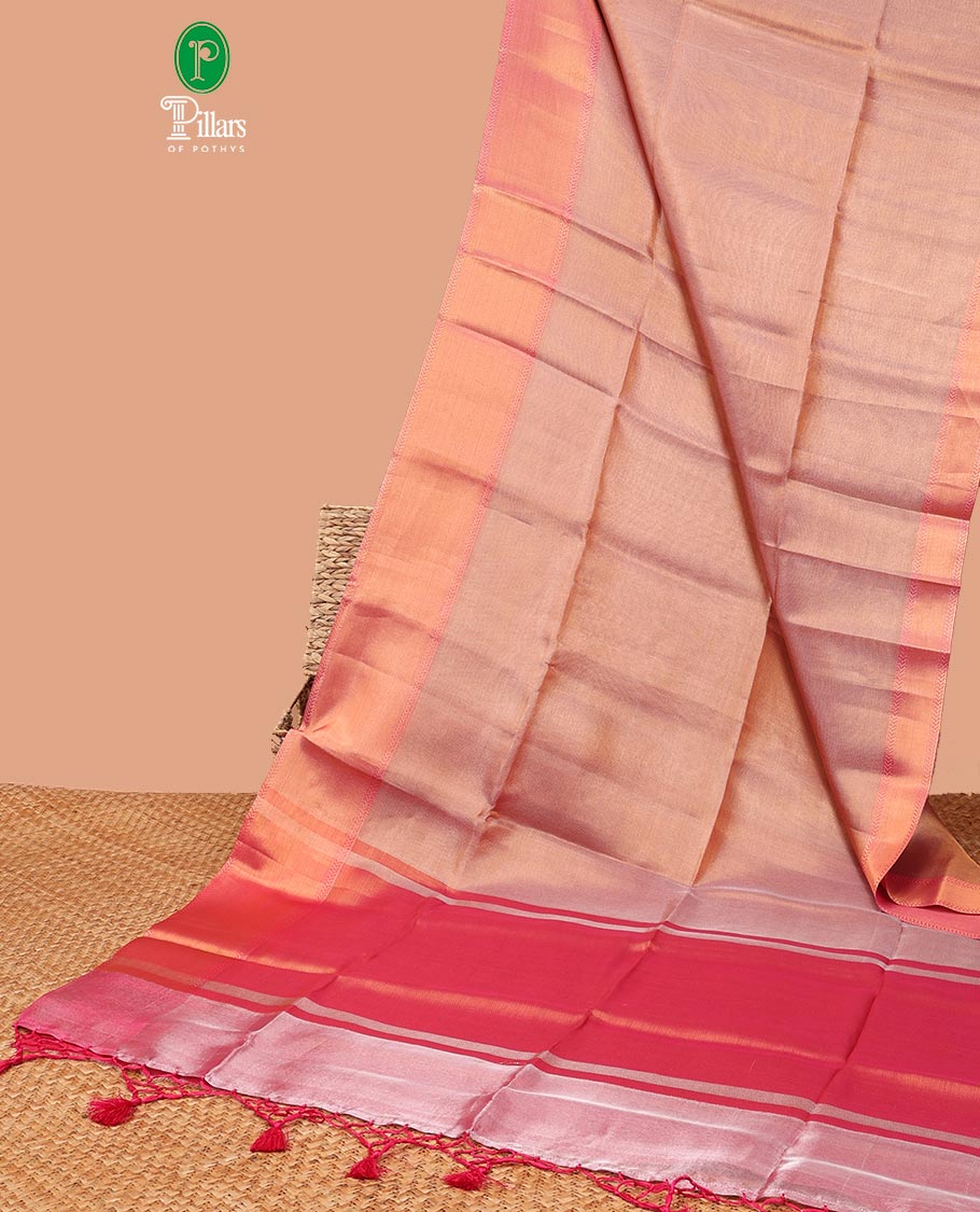 Pink copper color copper with pink zari tissue saree with light pink contrast border & pink copper brocade blouse