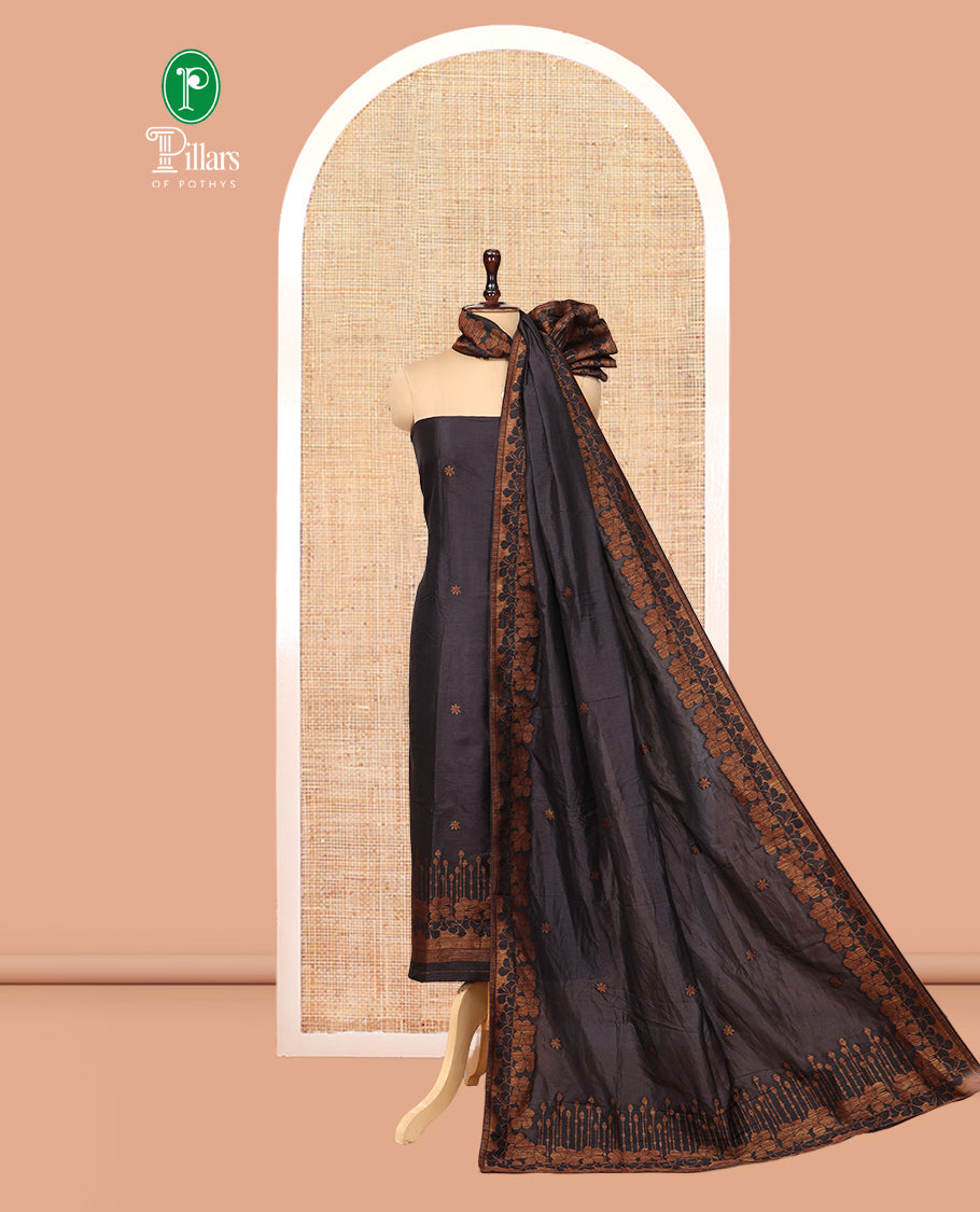Black Semi Silk Material Chudidar Set, Adorned with Copper Zari Intricate Design Woven Top, a Santoon Bottom, Matching Dupatta