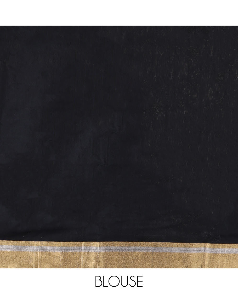 Black Chanderi Cotton Saree, Embellished with Floral Buttas All Over Its Body, Highlighted by Zari Border, Pallu Steeped with Zari Stripes, and Paired with a Matching Blouse