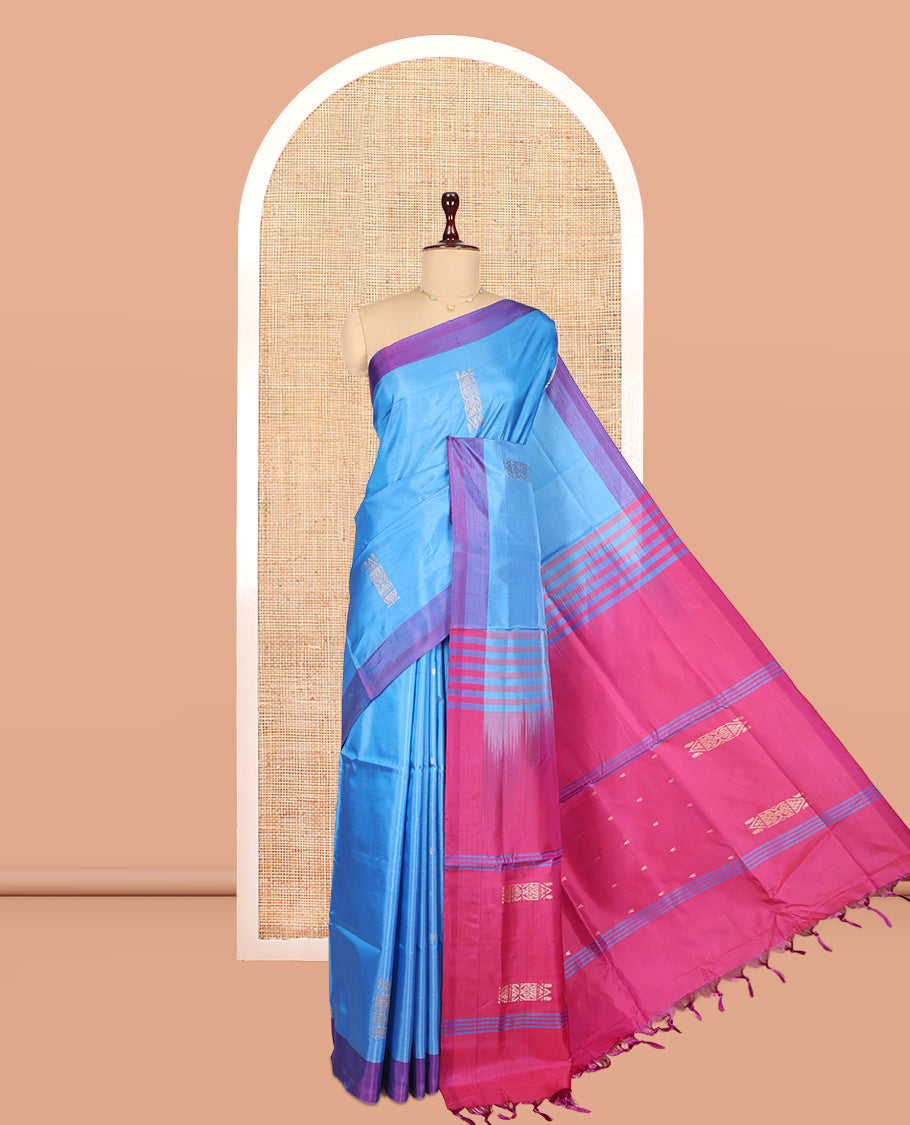Blue Banana Pith Saree, Woven with Buttas, a Contrast Border, Pallu of Buttas and Stripes, and a Contrast Blouse