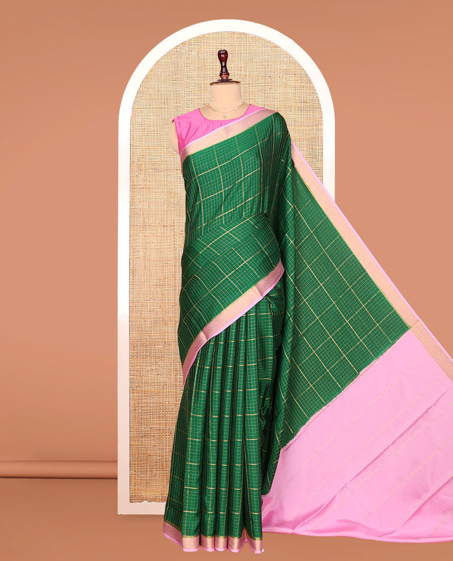 Green Mysore Silk Saree, Ornamented with Zari Checked Design on Its Body, Complemented by a Contrast Traditional Zari Design Border, Sparsely Woven Pallu of Stripes, and Paired with a Contrast Blouse