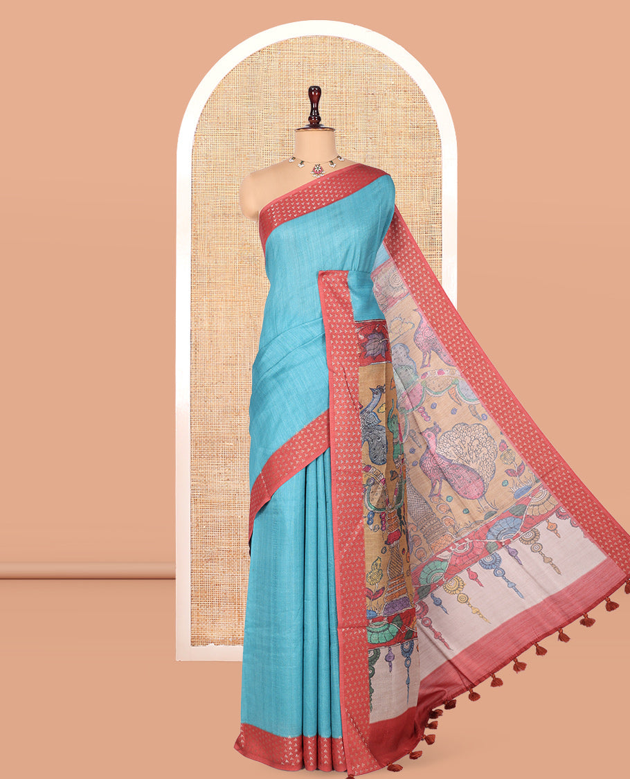 Blue Plain Fancy Tussar Silk Saree, Contrast Triangle Motif Border, Pallu of Kalamkari Peacock Motifs, and Contrast Kalamkari Printed Blouse