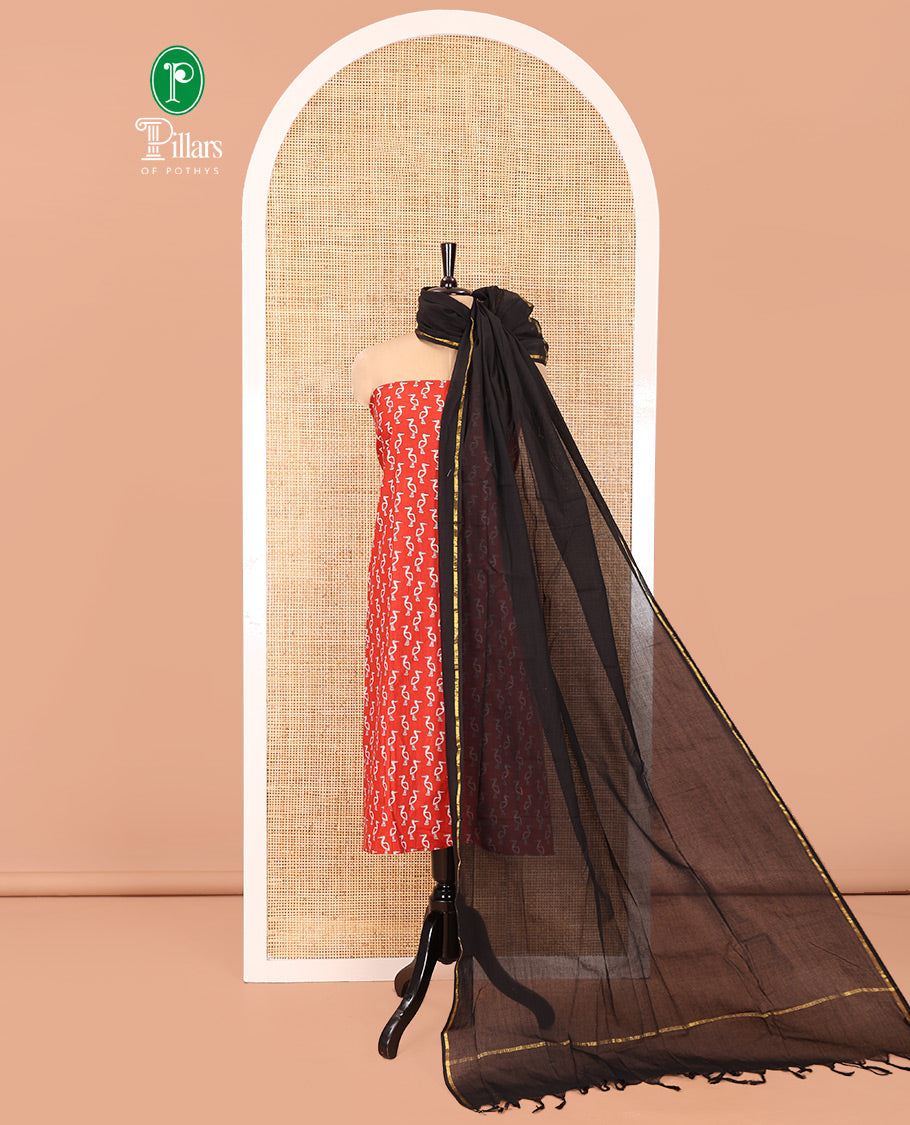 Red Handloom Cotton Material Chudidar Set, Subtly Adorned with Bird Motifs All Over Its Body, Complemented by Contrast Plain Bottom, and Paired with a Contrast Dupatta