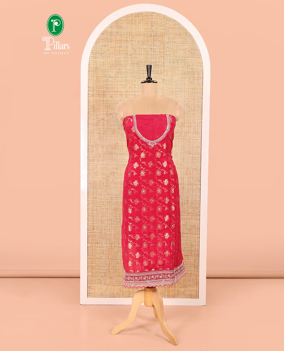 Tomato Pink Chudidar Set Prettified with Floral Jaal Jacquard Design Viscose Chinon Unstitched Top, Readymade Free Size Sharara Pants, and a Chinon Embroidered Scallop-Bordered Dupatta
