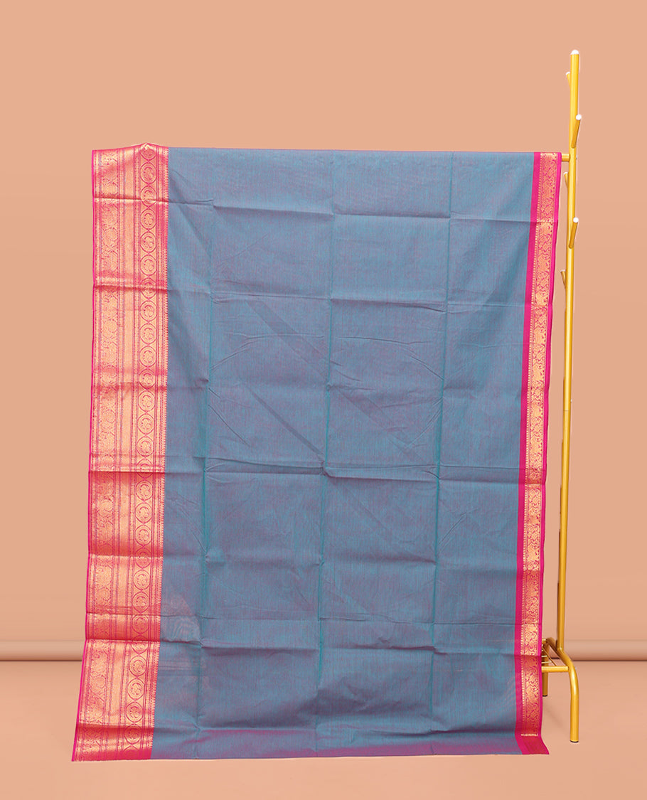 Peacock Blue Plain Chettinad Cotton Saree, Complemented by a Contrast Traditional Zari Design Border, Pallu of Stripes, and Paired with a Matching Blouse
