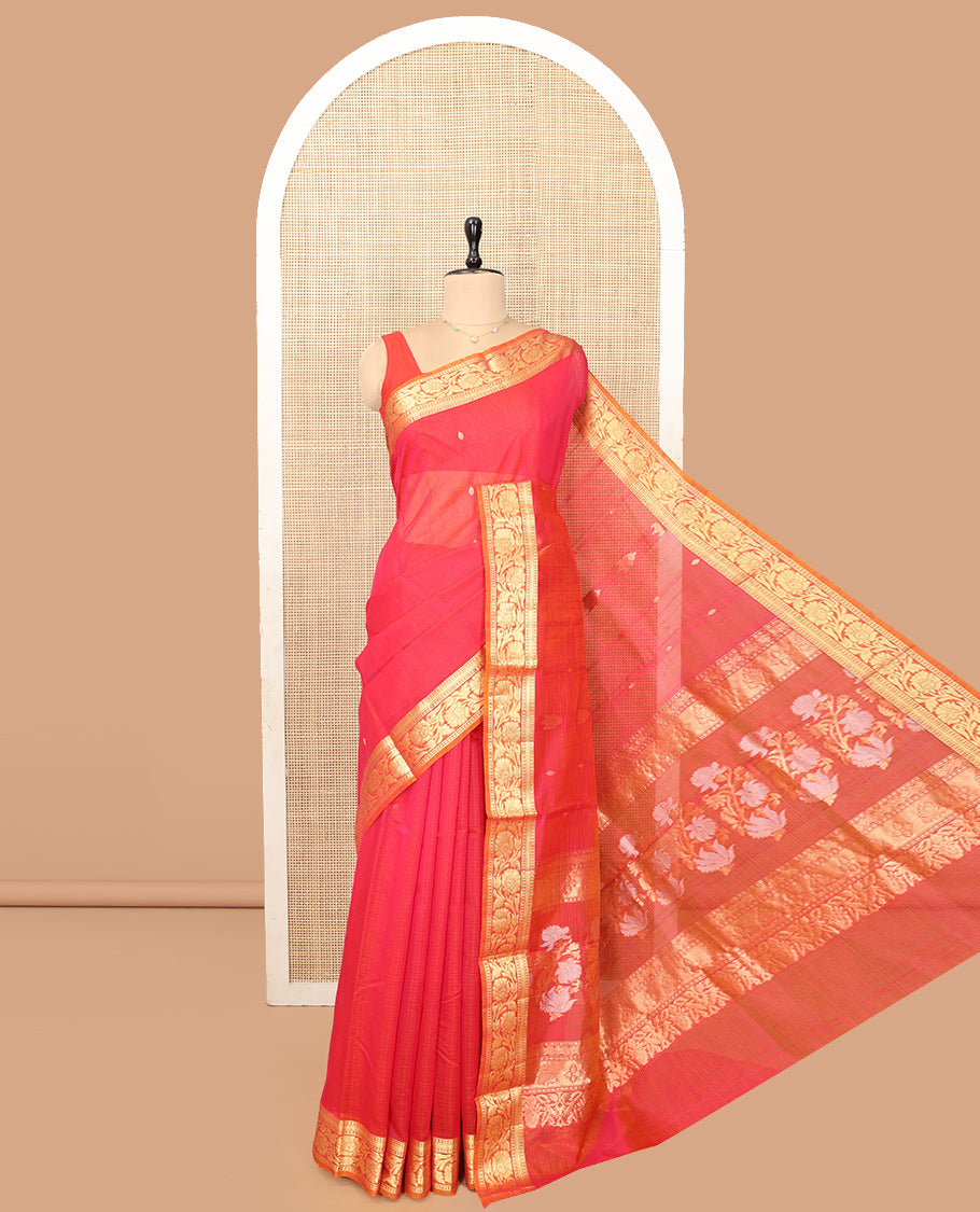 Reddish Pink Silk Cotton Saree, Detailed with Zari Buttas and Stripes, a Contrast Floral Creeper Border, Floral Design Pallu, and a Matching Blouse