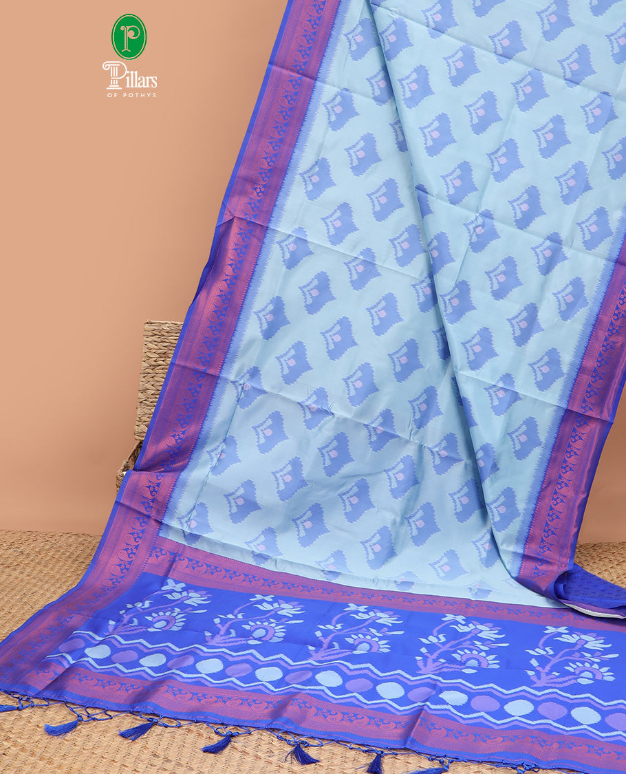 Sky blue pattola design mulberry silk saree with carry, zari design border & self empose with fancy tissue blouse