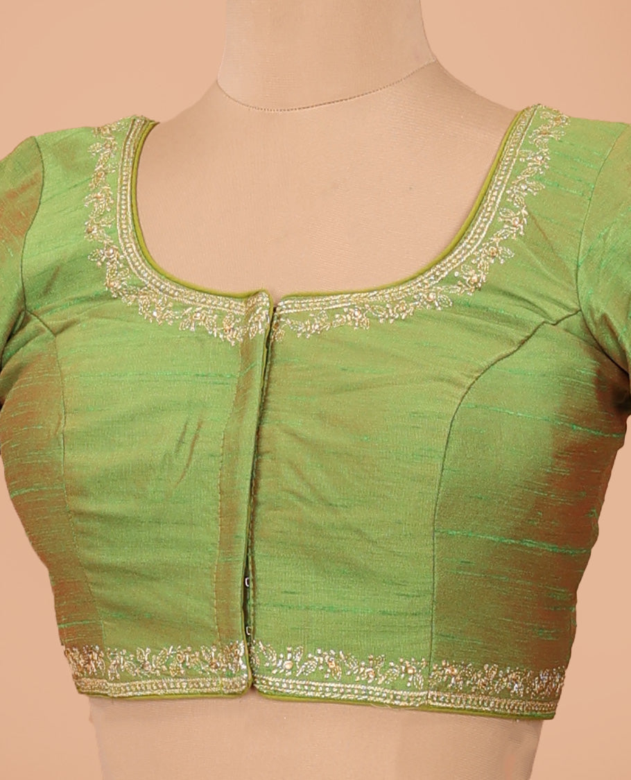 Parrot green embroidered front-back round neck elbow sleeve blouse