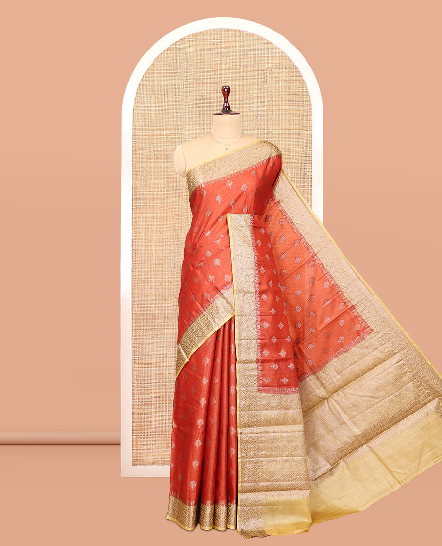 Orange Tussar Silk Saree, Elevated with Zari Buttas, a Contrast Zari Border, Grand Pallu, and a Contrast Blouse