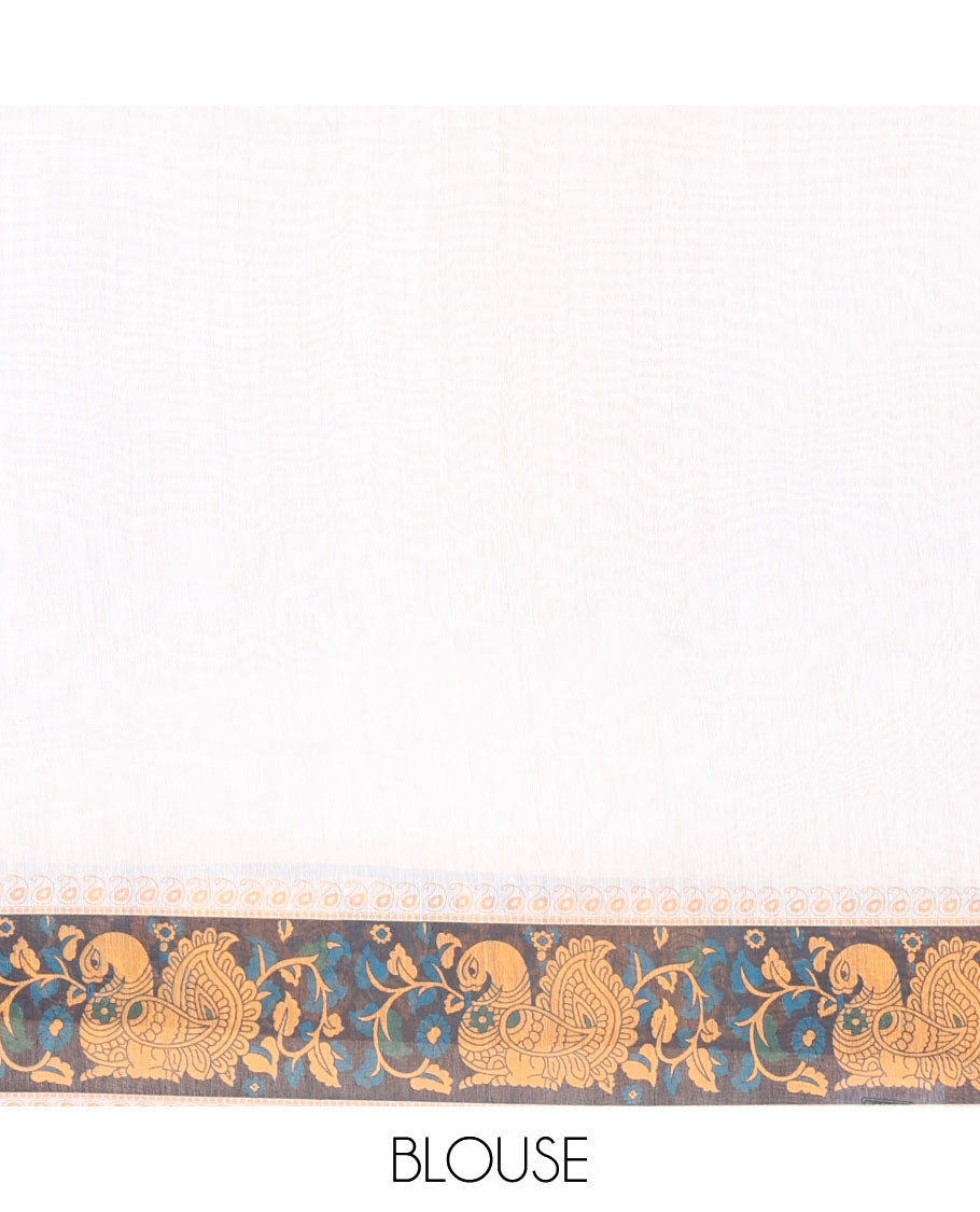 Yellow Plain Chanderi Cotton Saree Featuring a Contrast Black and White Ganga-Jamuna Temple Big Border, a Pallu Beautified with a Realistic Painted-Style Human Figurine Print, and Paired with a Contrast Kalamkari Peacock Printed Blouse