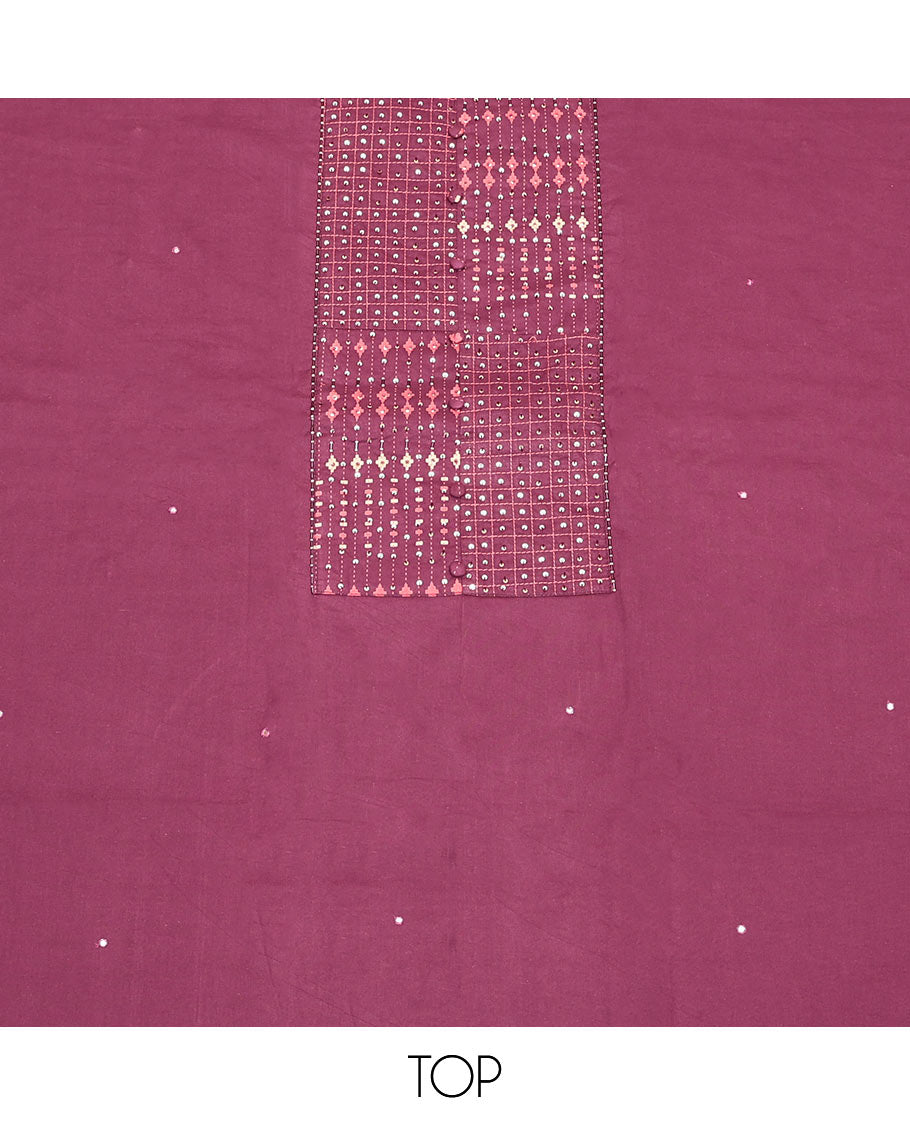 Wine Cotton Material Churidar Set, Decorated with Sequins Work and Embroidered Top, Printed Bottom, and a Geometric Printed Dupatta