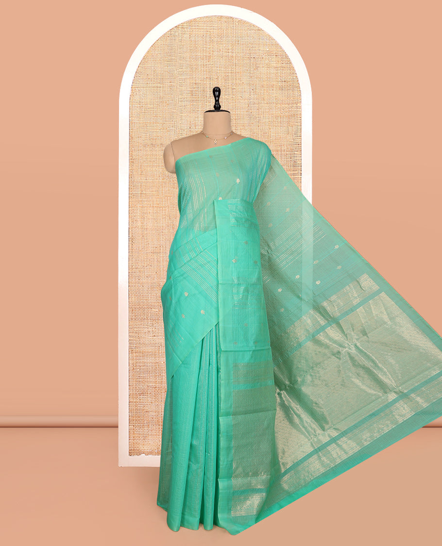 Borderless Turquoise Silk Cotton Saree, Accentuated with Zari Buttas and Stripes, Grand Pallu, and a Matching Blouse
